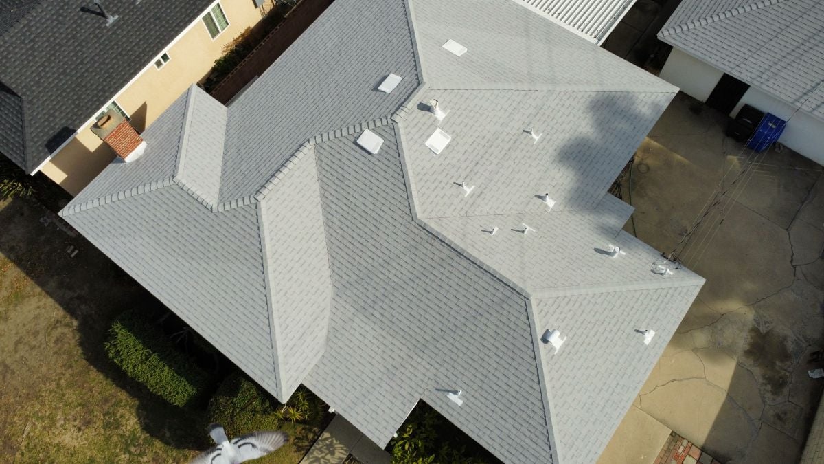 Aerial view of a grey shingle roof
